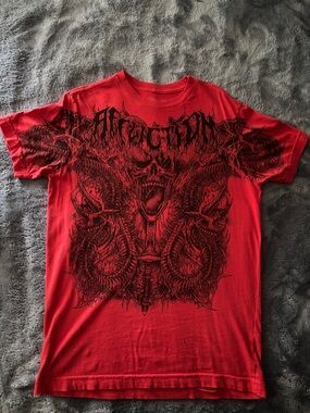 Affliction Red Graphic Short Sleeve Tee with Black Print